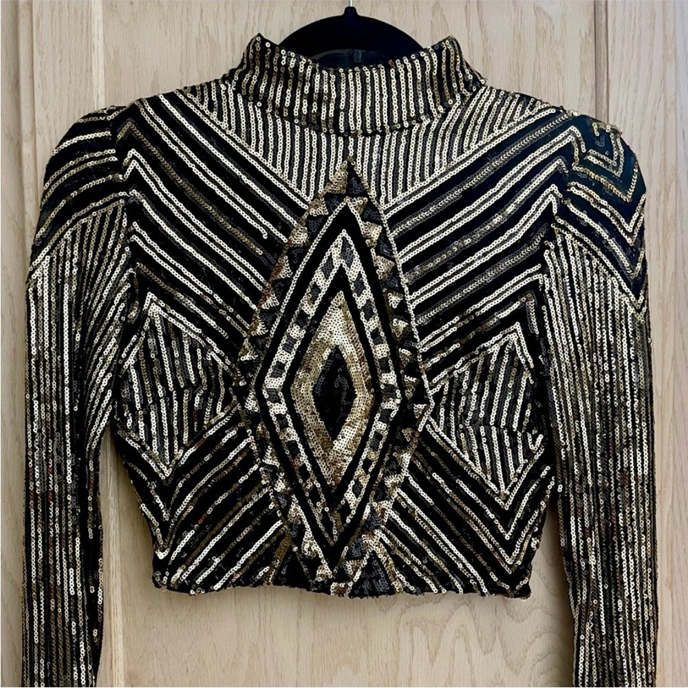 Fashion Nova Sequin Embellished Black Gold Crop Top Mock Neck Long Sleeve S